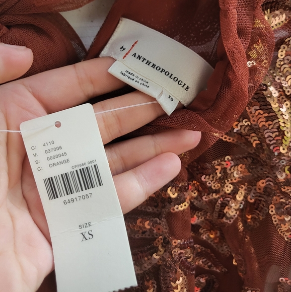 NWT Anthropologie Orange Cutout Sequined Blouse Mesh Bow - Picture 7 of 7